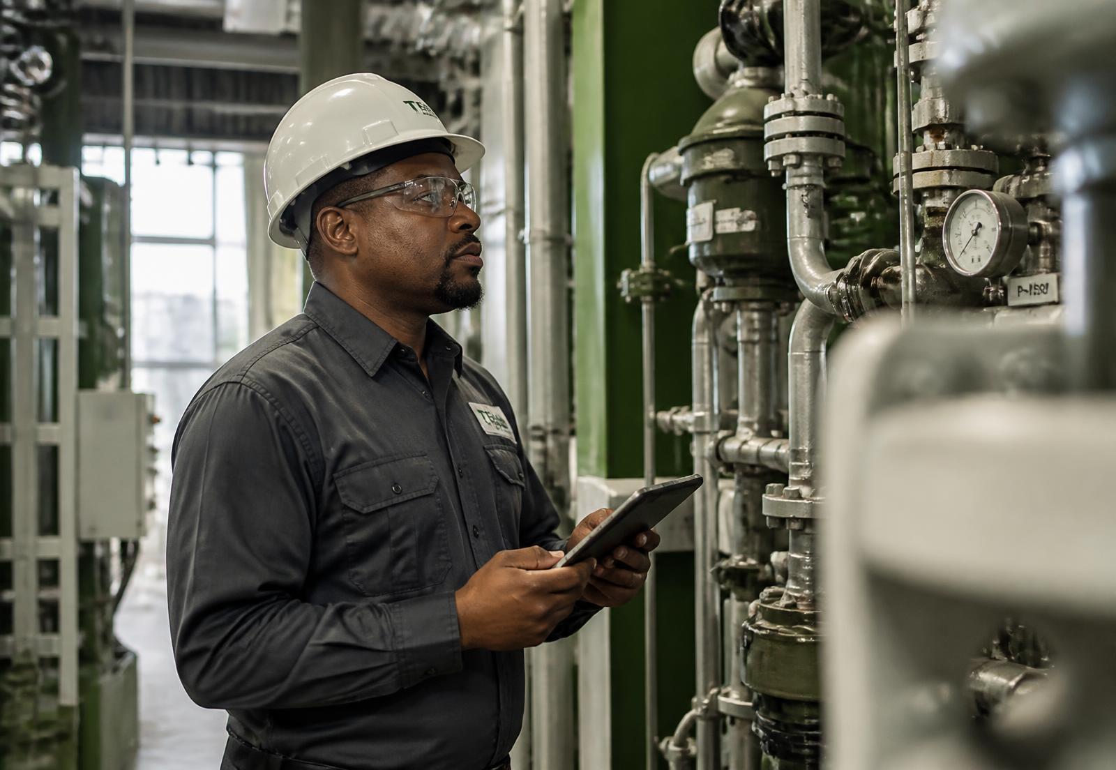 Black maintenance professional inspecting industrial equipment with a tablet