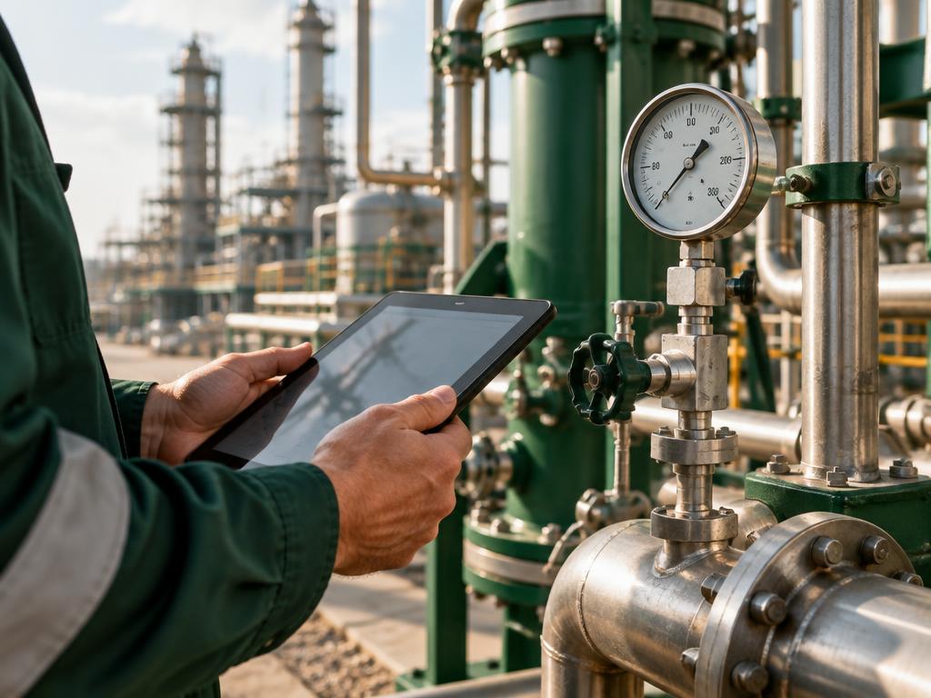 Tablet and pressure gauge used during an equipment inspection